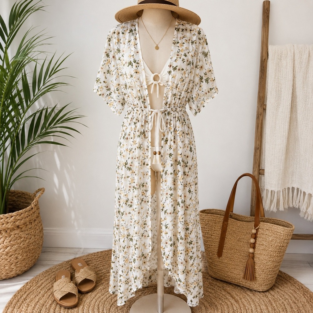 Floral Swim Cover Up Kimono‎ Tie Waist Midi Boho Coastal Resort NWT M Summer